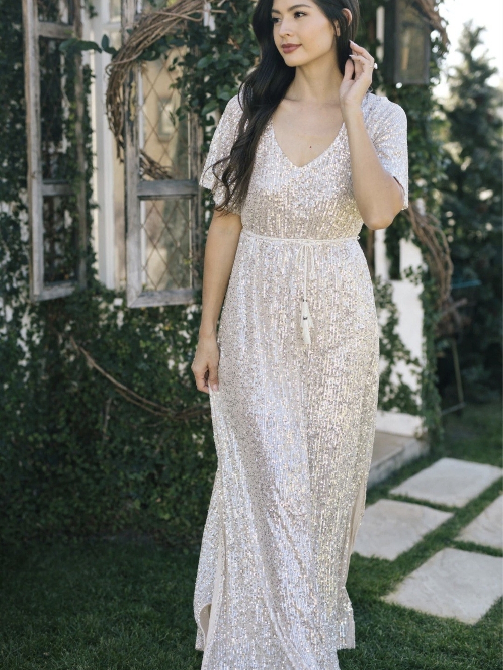 Sage Sequin V-Neck Maxi Dress in Champagne With Silver Sequins - Size M
